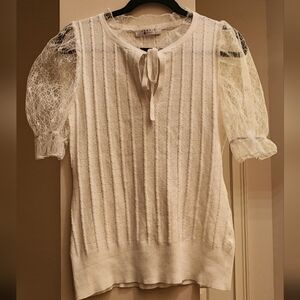 LIQUID by SIONI White Lace Puff Sleeve Tie Neck Knit Top Womens